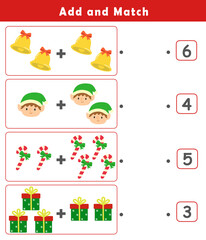 Christmas activity sheet. Addition for Kids. Fun Math Logic Puzzles for Kids. Math Game with Cute Christmas Pictures. Math Activities for Children.	