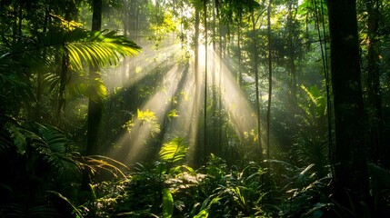 Sunlight filtering through trees in a dense forest