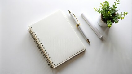 Top View of Elegant White Leather Notebook on Minimalist White Desk with Copy Space for Creative Ideas and Planning, Perfect for Documenting Thoughts and Inspiration
