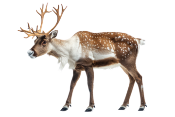 A spotted deer with impressive antlers stands against a transparent background, showcasing its elegant posture and natural beauty.
