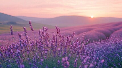 Fototapeta premium Lavender Field in Bloom at Sunrise with Soft Pastel Colors.