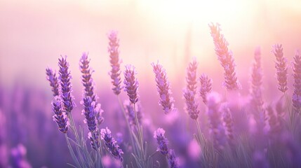 Obraz premium Lavender Field in Bloom at Sunrise with Soft Pastel Colors.
