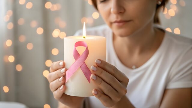 A female supporter holding a candle with a cancer ribbon and delicate bokeh lights in the background. - Powered by Adobe