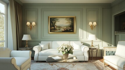 Elegant Living Room with White Sofa, Gold Accents, and Landscape Painting