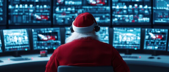A massive snowy control room with Santa monitoring global gift deliveries, hightech monitors tracking sleigh movements, Santa Factory, global logistics, hightech Christmas - obrazy, fototapety, plakaty