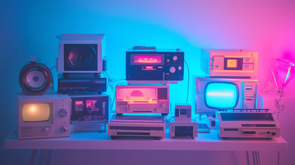 Vintage 90s Electronics with Cassette Player, Pink Neon Color Scheme, VHS Grain Effect