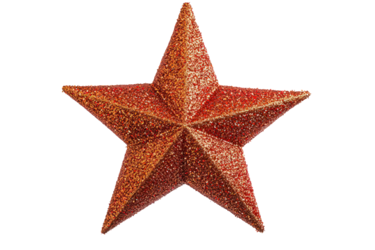 A vibrant, glittering red star exhibiting a three-dimensional design against a transparent background, creating a striking visual effect.