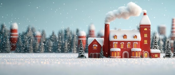 A whimsical scene of a snowcovered factory exterior with chimneys puffing smoke, lights twinkling, Santa Factory, holiday magic, winter wonderland