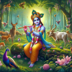 Obraz premium Krishna tocando la flauta en el bosque rodeado de animales