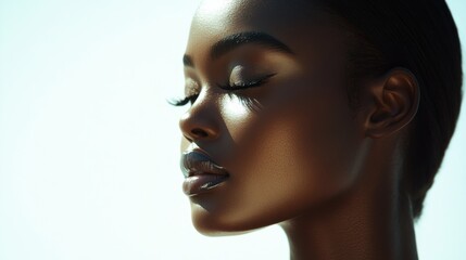 Fototapeta premium Serene Black Woman Profile Sunlit Skin Closed Eyes Beauty Fashion