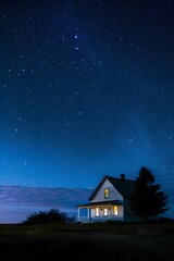 Night scene macro shot of a minimalistic country house under the stars with a cooltoned palette AI generated illustration