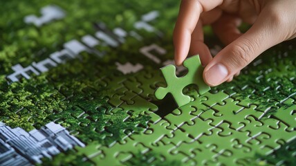 A hand placing a green puzzle piece onto a vibrant nature-themed puzzle, symbolizing environmental awareness and creativity.