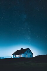 Night scene macro shot of a minimalistic country house under the stars with a cooltoned palette AI generated illustration