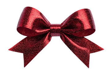 A sparkling red bow with wide loops and tails, perfect for gifts and decorations, set against a transparent background.