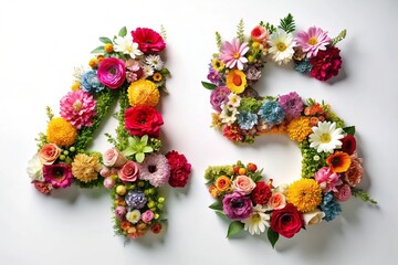 Vibrant Flower Number 45 Made from Fresh Blooms with Paper Cutouts on a White Background for Stunning Product Photography