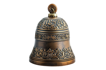 An ornate, decorative bell featuring intricate designs and a polished finish, set against a transparent background.