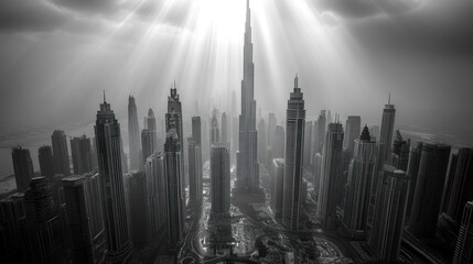 Black and white aerial view of a city skyline with sun rays breaking through the clouds.