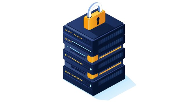 Stack of secure servers with a padlock, white isolated background.