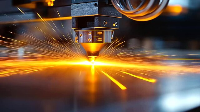 A close-up view of the laser sintering process in a 3D metal printer, as sparks scatter and the material glows with heat, showcasing the precision and innovation of modern manufact