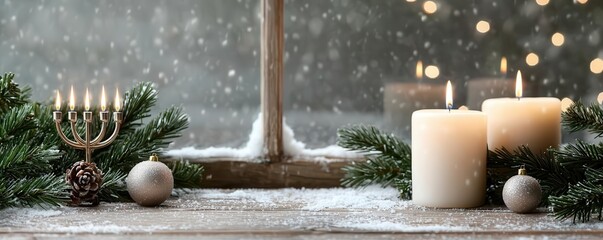 Menorah next to a snowy window with Christmas decorations, cozy holiday vibe