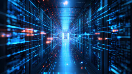 Fototapeta premium Abstract corridor perspective hall digital technology background. blue light in digital hall. 3d illustration. Futuristic. Illustration