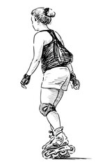 Sketch of one woman with backpack riding roller skates on summer day, realistic hand drawing, side view, vector illustration