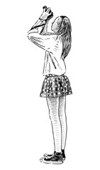 Sketch of one young teen girl photographing on camera, realistic hand drawing, vector illustration