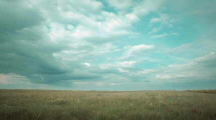Pastel toned image of an open field under a cloudy wistful sky AI generated illustration
