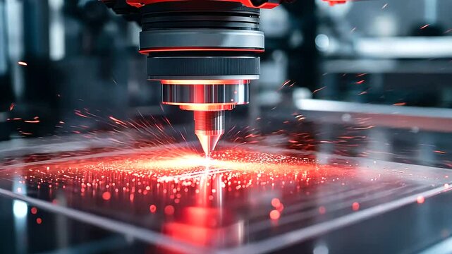 A dynamic view of a laser sintering machine printing metal with sharp precision, glowing red sparks illuminating the surrounding space as molten metal is fused into a new creation.
