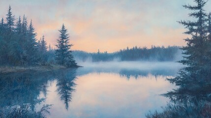 Fototapeta premium Misty lake at dawn with pine trees reflecting on calm water.