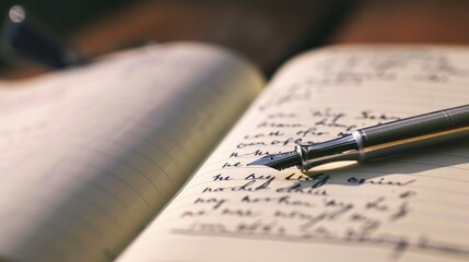 Fountain pen and handwritten notes on open journal in sunlight