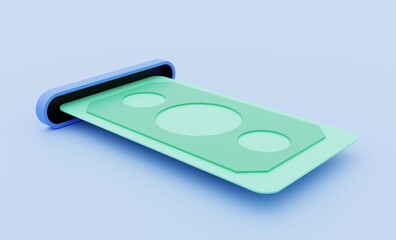 Withdrawing banknotes from an ATM. Currency bank payment concept. 3D illustration.