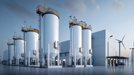 Hydrogen production facility with wind turbines and solar panels providing clean sustainable energy to power the industrial plant and infrastructure