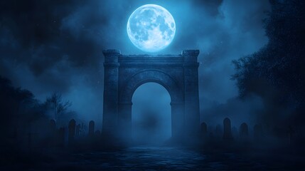 Fototapeta premium A moonlit, ancient stone gate with an arched entrance leads to the ruins of old temples in the foggy weather, rendered in Unreal Engine for fantasy game design