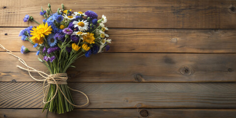 Colorful wildflower bouquet with a rustic vibe on a wooden background, copy space
