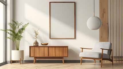 Fototapeta premium Popculture minimalist poster design with wooden frame in a modern interior AI generated illustration