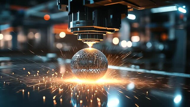 A laser sintering 3D printer working on a complex metallic object, with sparks illuminating the metal surface as the industrial machine builds layer by layer in a dimly lit factory