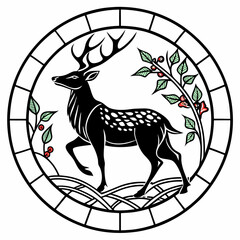 Stained Glass Christmas Deer round sing Black silhouette