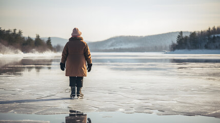 Winter Ice Skating on Frozen Lake with Person in Brown Coat