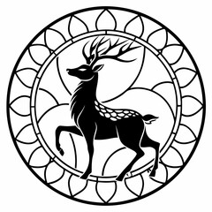 Stained Glass Christmas Deer round sing Black silhouette