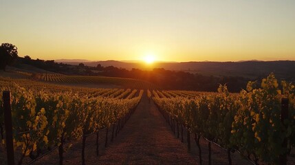 Fototapeta premium Sunset Over Vineyard Rows with Golden Light.
