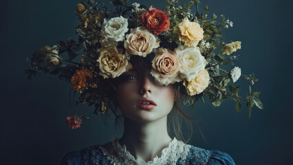 Artistic portrait of a woman with a vibrant crown of roses and greenery