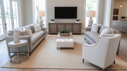 A Modern Living Room with Couches, a Coffee Table, and a Television