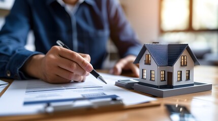 Realtor pointing at clauses in a housing lease or purchase contract small model house also visible AI generated illustration