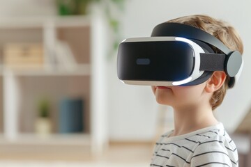 Child exploring virtual reality with modern VR headset in clean, bright home setting