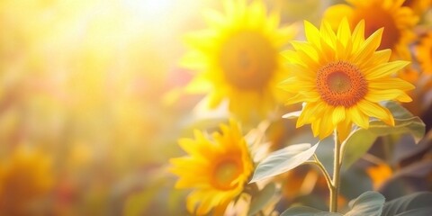 Obraz premium Bright sunflowers bloom in a field. These cheerful flowers showcase their vibrant yellow petals under the warm sunlight. Perfect for nature lovers and floral enthusiasts. AI