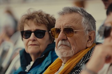 Portrait of an elderly man in sunglasses on the background of the crowd