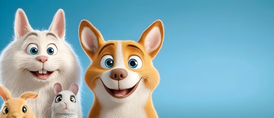 Delightful collection of cartoon pets including a happy dog cat hamster and rabbit all with bright expressive eyes and playful charming personalities
