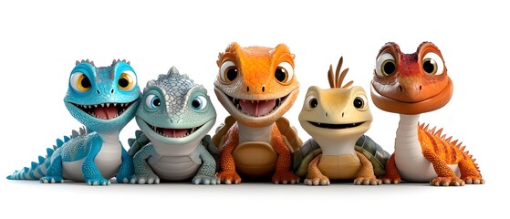 Colorful and Cheerful Cartoon Reptile Creatures Including Chameleons Snakes Turtles and Lizards with Friendly Facial Expressions and Vibrant Designs