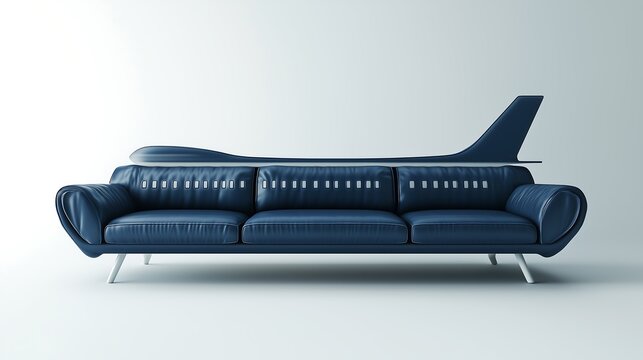 Realistic and artistic representation of a sofa that is uniquely shaped like an airplane, perfect for modern interior designs or trendy furniture concepts.